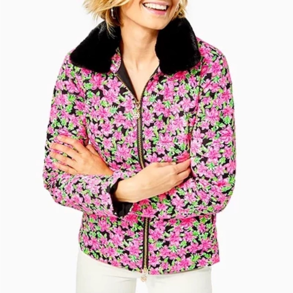 LILLY PULITZER Carrington Jacket Onyx Lil Lilly Black Down Filled Fur Collar 16